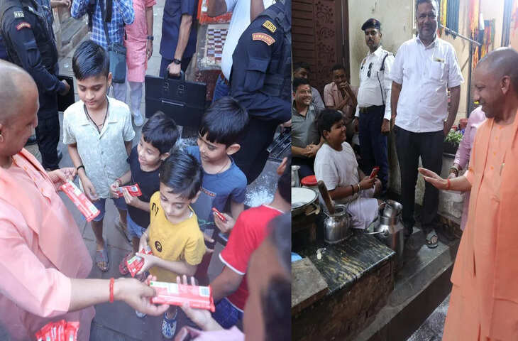 कैसी चल रही पढ़ाई, लस्सी बना रहे बच्चे से CM योगी का सवाल, विश्वनाथ मंदिर में किया पूजन